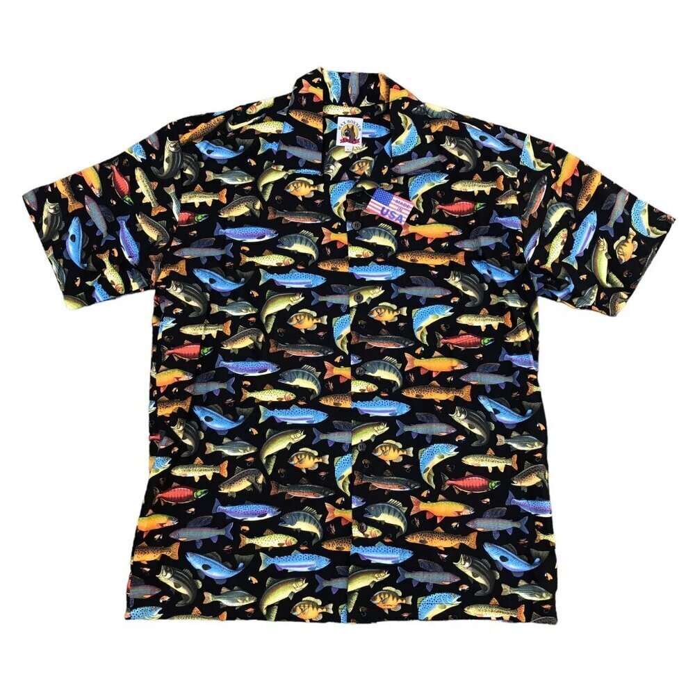 VTG MAX BOXXER Fishing Hook Bait Button Down Shirt Men's LARGE Brand New Black‌